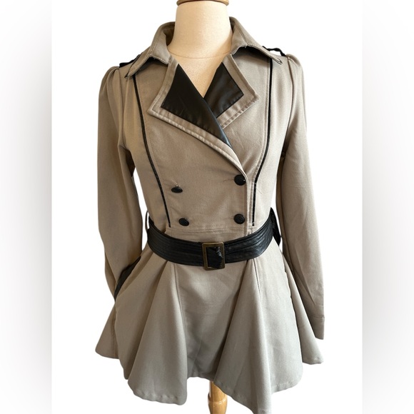 Double Zero Taupe Trench Coat w/Flared Silhouette & faux leather trim Size Small - Picture 1 of 15